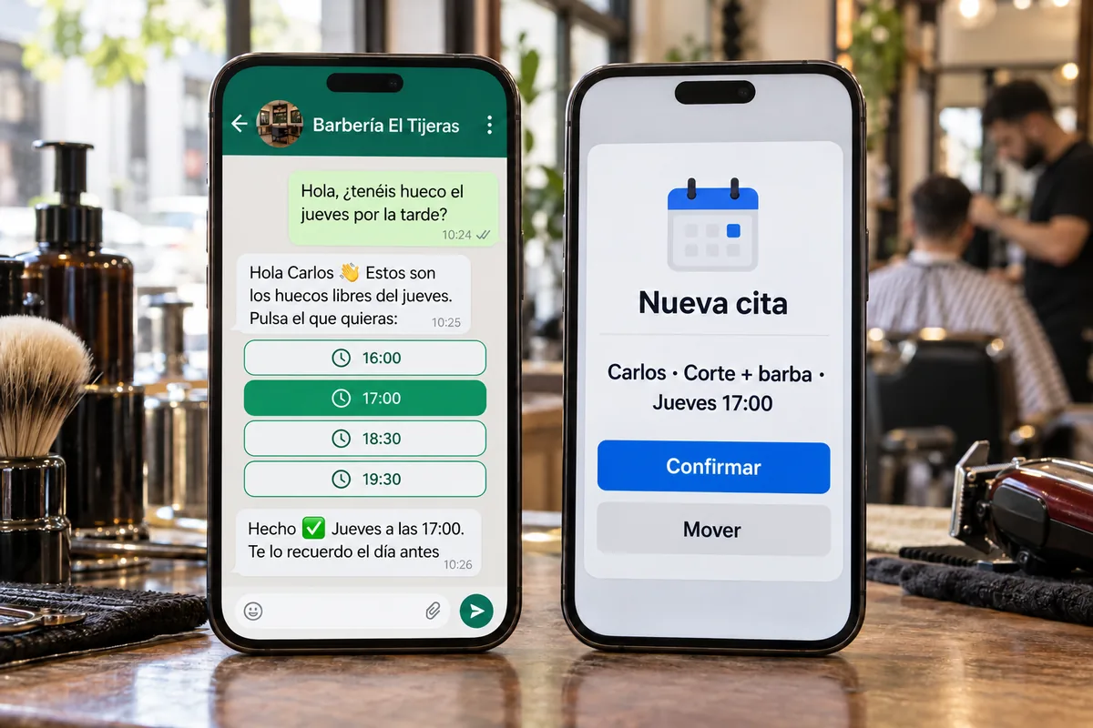 El bot ofrece los huecos libres como botones, el cliente pulsa las 17:00 y al barbero le llega la nueva cita