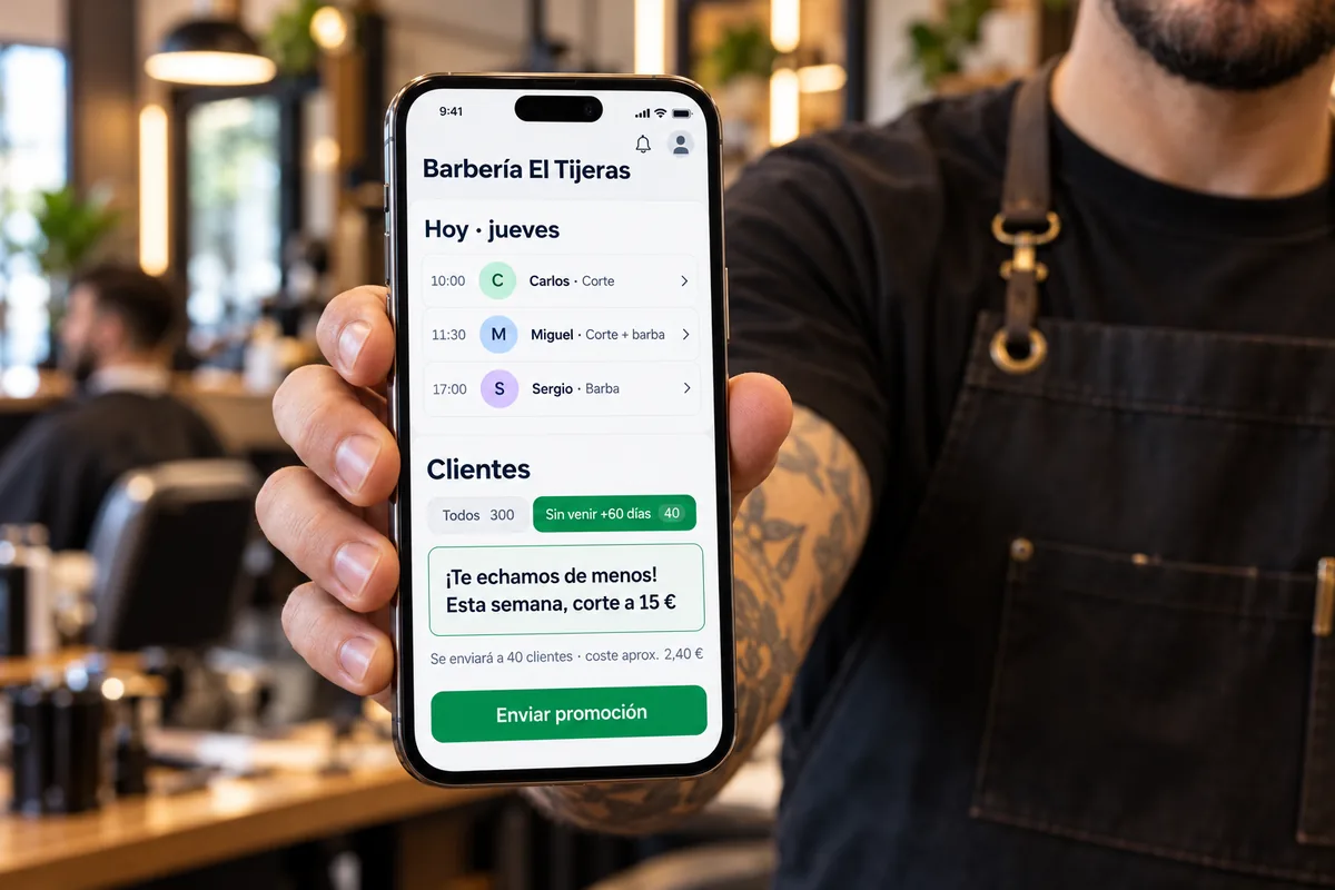 El panel en el móvil del barbero: promoción preparada para los 40 clientes que llevan más de 60 días sin venir