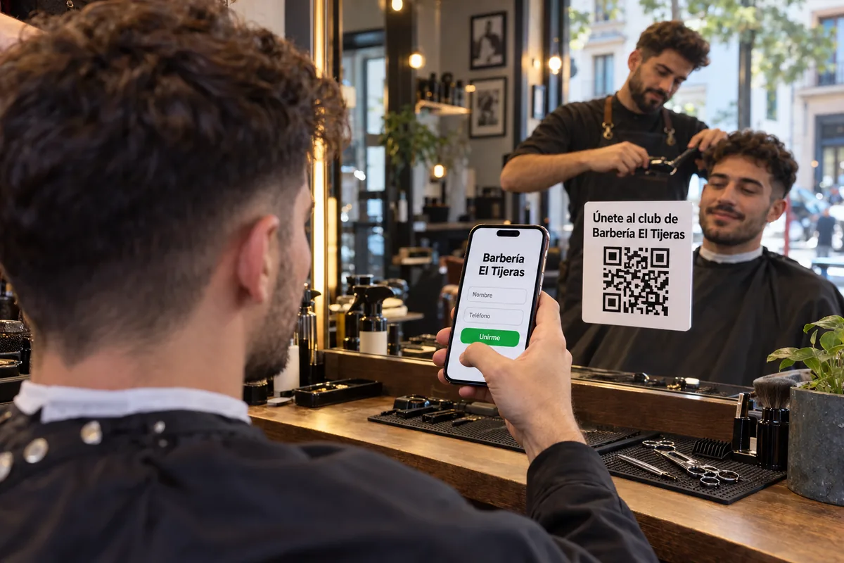 Mientras le cortan el pelo, un cliente escanea con el móvil el QR del espejo y se apunta al club de la barbería