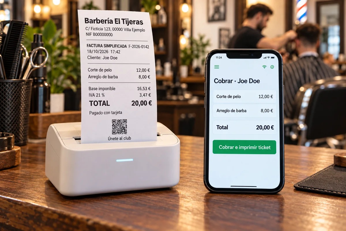 Impresora de tickets wifi sacando una factura simplificada desglosada (base, IVA y total) con el QR del club, junto al móvil con el botón de cobrar