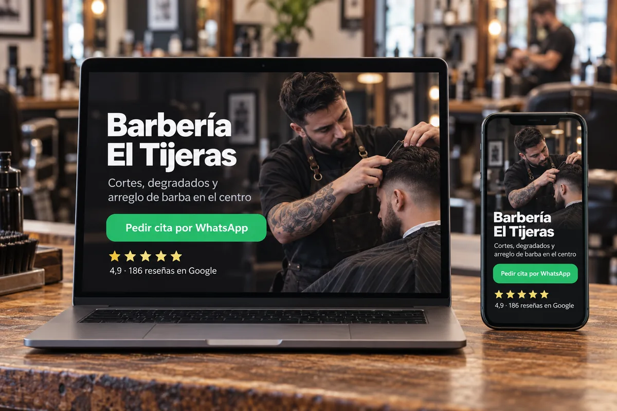 Web de una barbería en el portátil y en el móvil, con sus reseñas de Google y el botón de pedir cita por WhatsApp