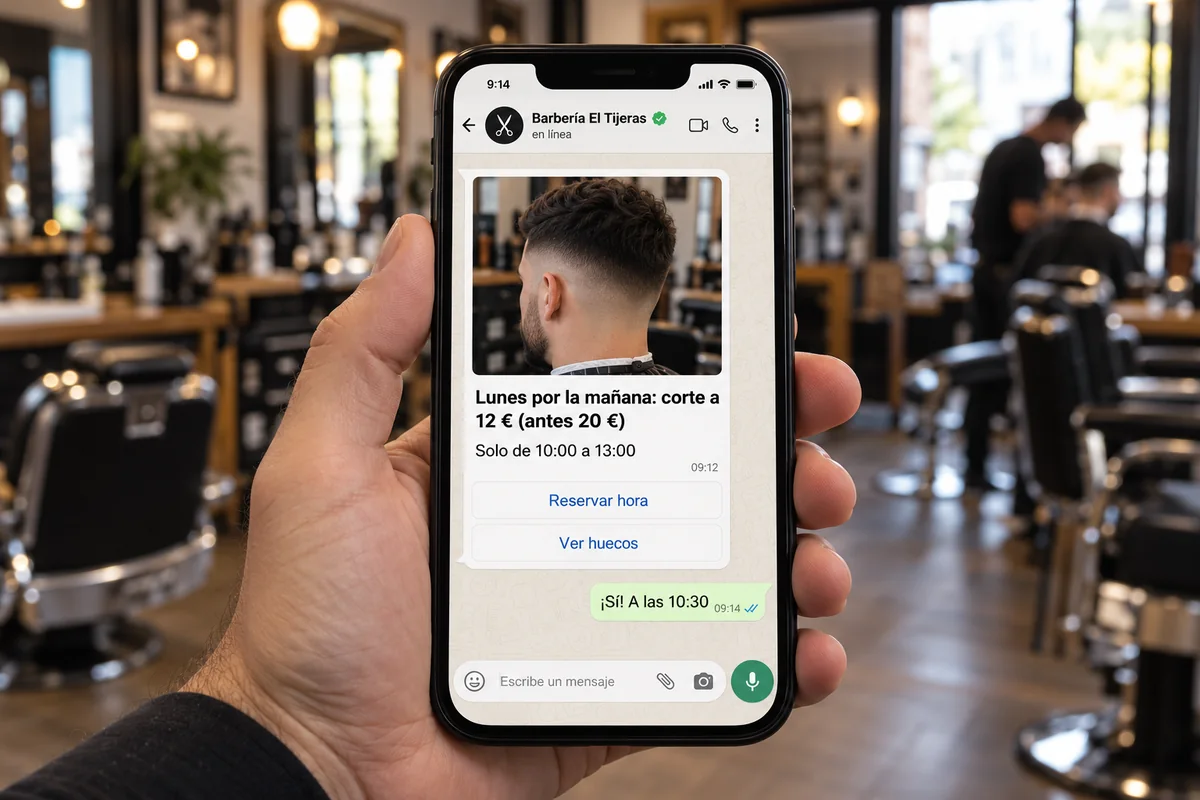 Móvil con un WhatsApp de una barbería: corte a 12 € los lunes por la mañana