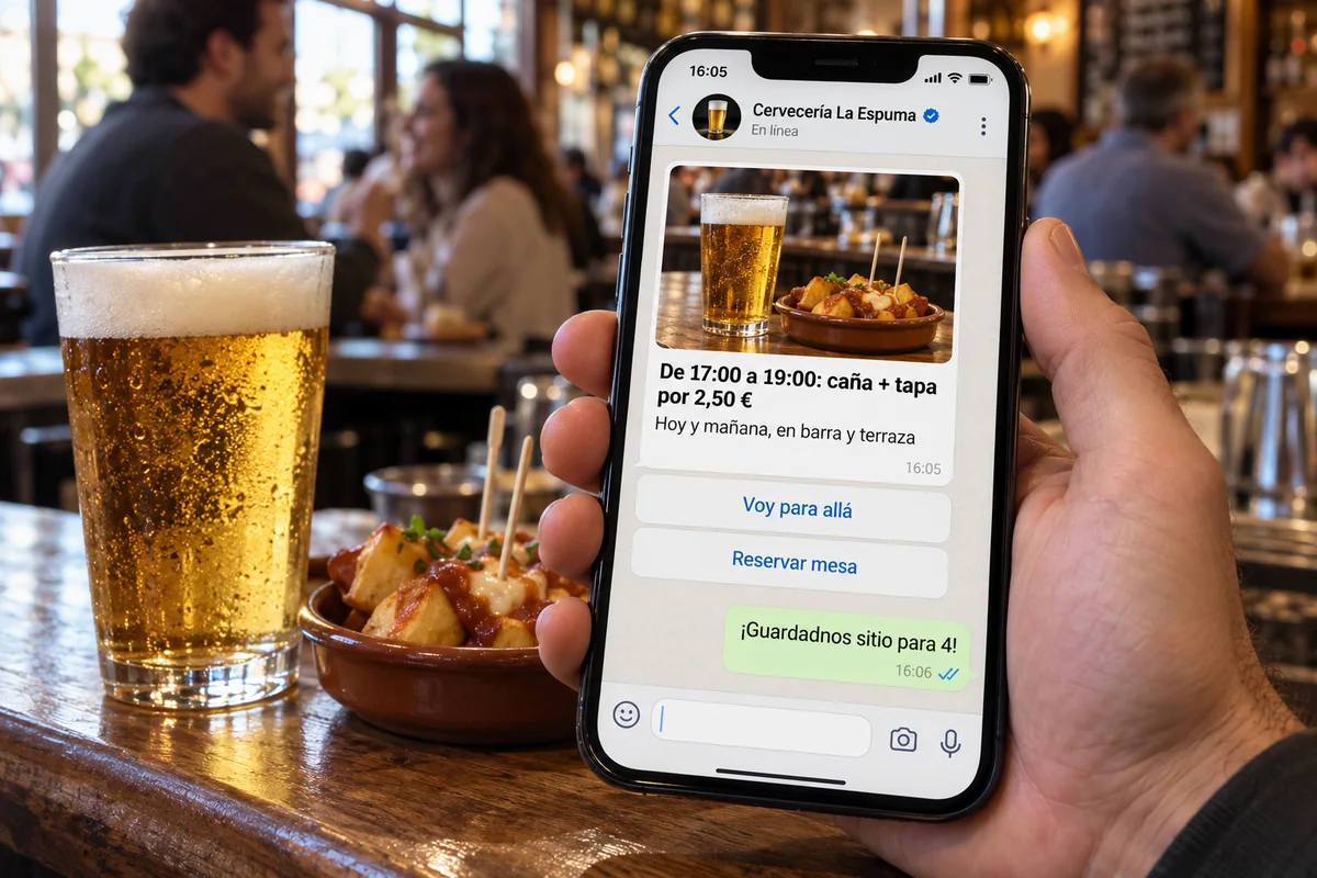 Móvil con un WhatsApp de una cervecería: caña y tapa por 2,50 € de 17:00 a 19:00