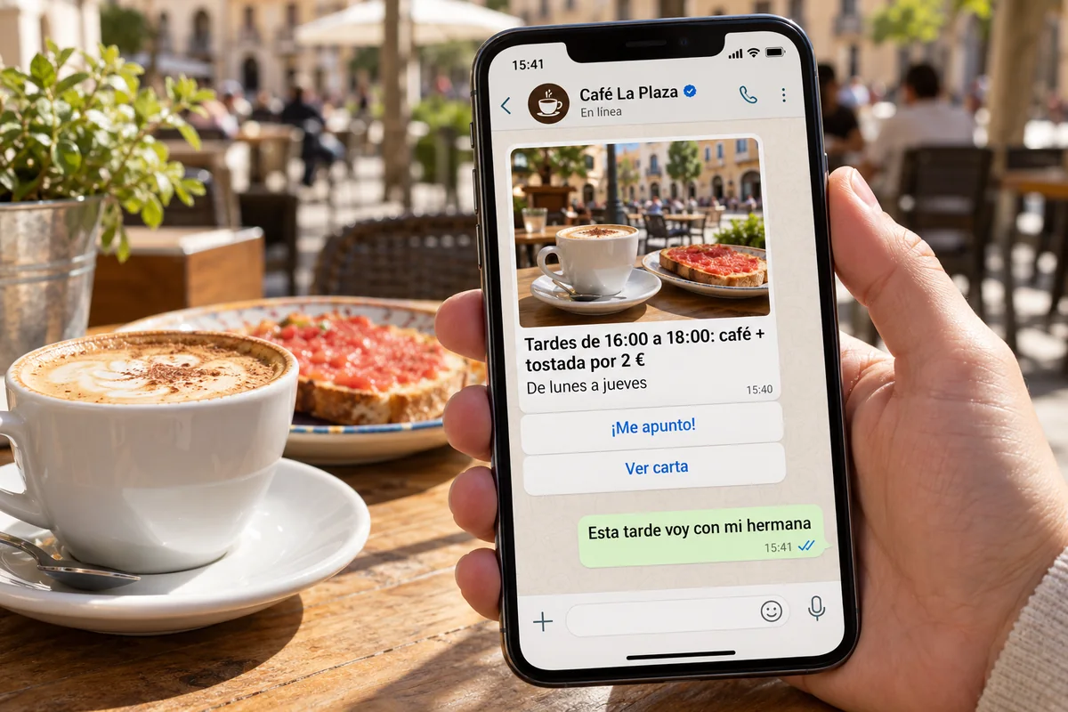Móvil con un WhatsApp de una cafetería: café y tostada por 2 € por la tarde