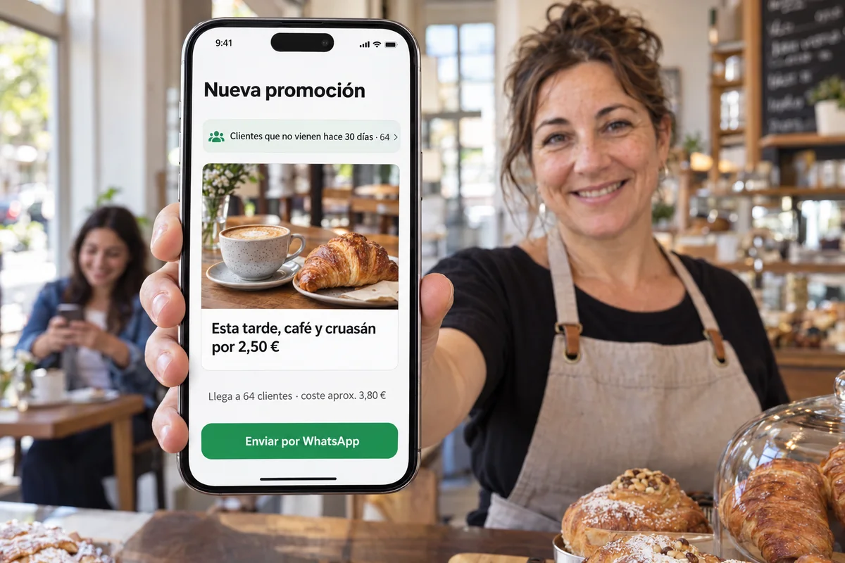 La dueña de una cafetería enseña en su móvil la promoción que va a enviar por WhatsApp a 64 clientes