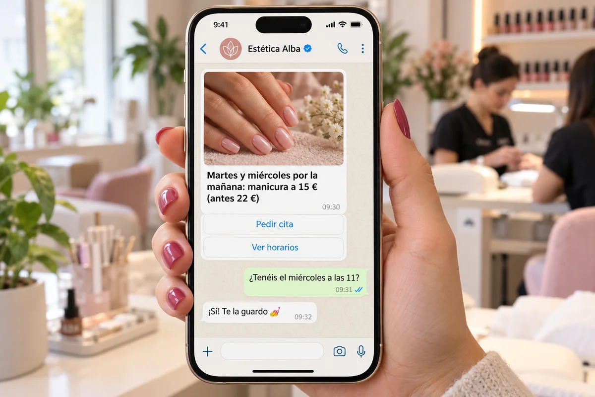 Móvil con un WhatsApp de un centro de estética: manicura a 15 € los martes y miércoles por la mañana