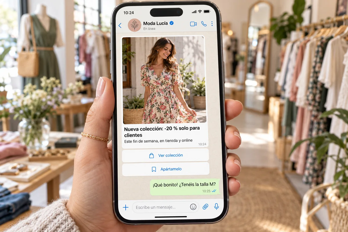 Móvil con un WhatsApp de una tienda de ropa: -20 % para clientes en la nueva colección