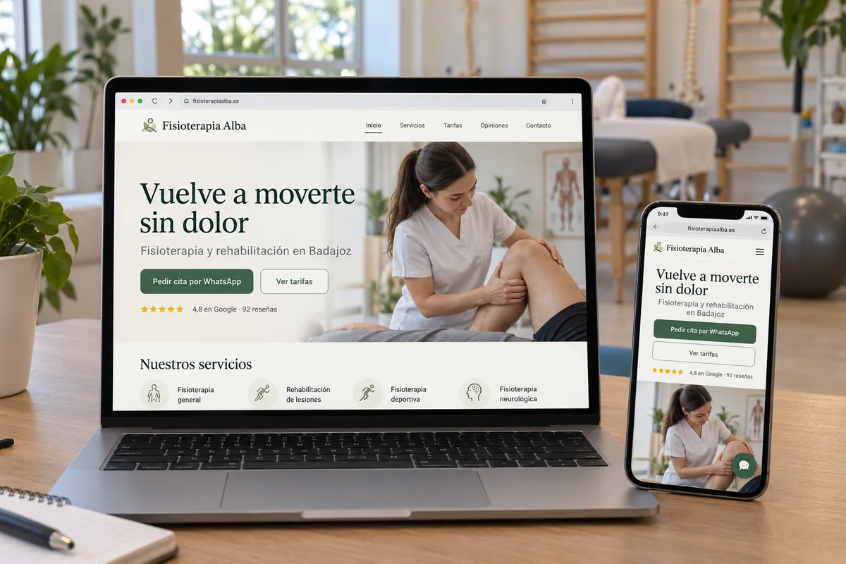 Web de una clínica de fisioterapia en el portátil y en el móvil: menú, botón de pedir cita por WhatsApp, reseñas de Google y servicios