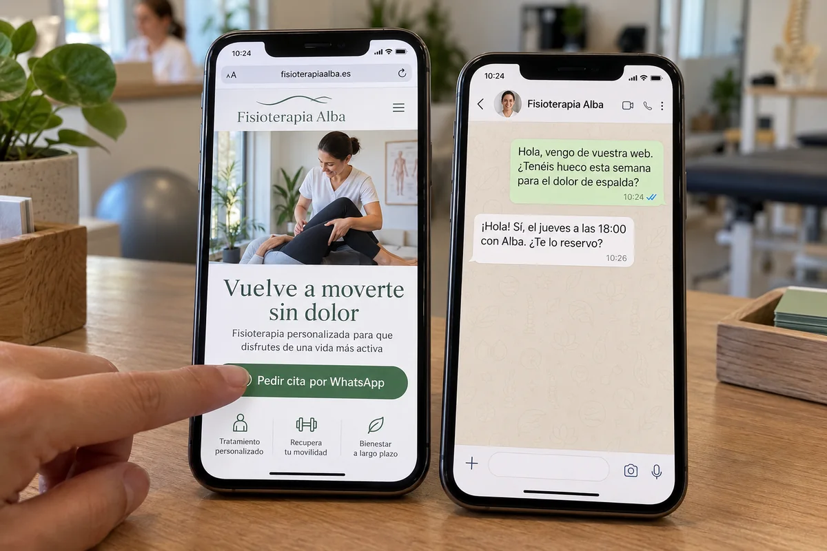 Un cliente pulsa el botón de WhatsApp en la web y a la clínica le llega su mensaje: «Hola, vengo de vuestra web»