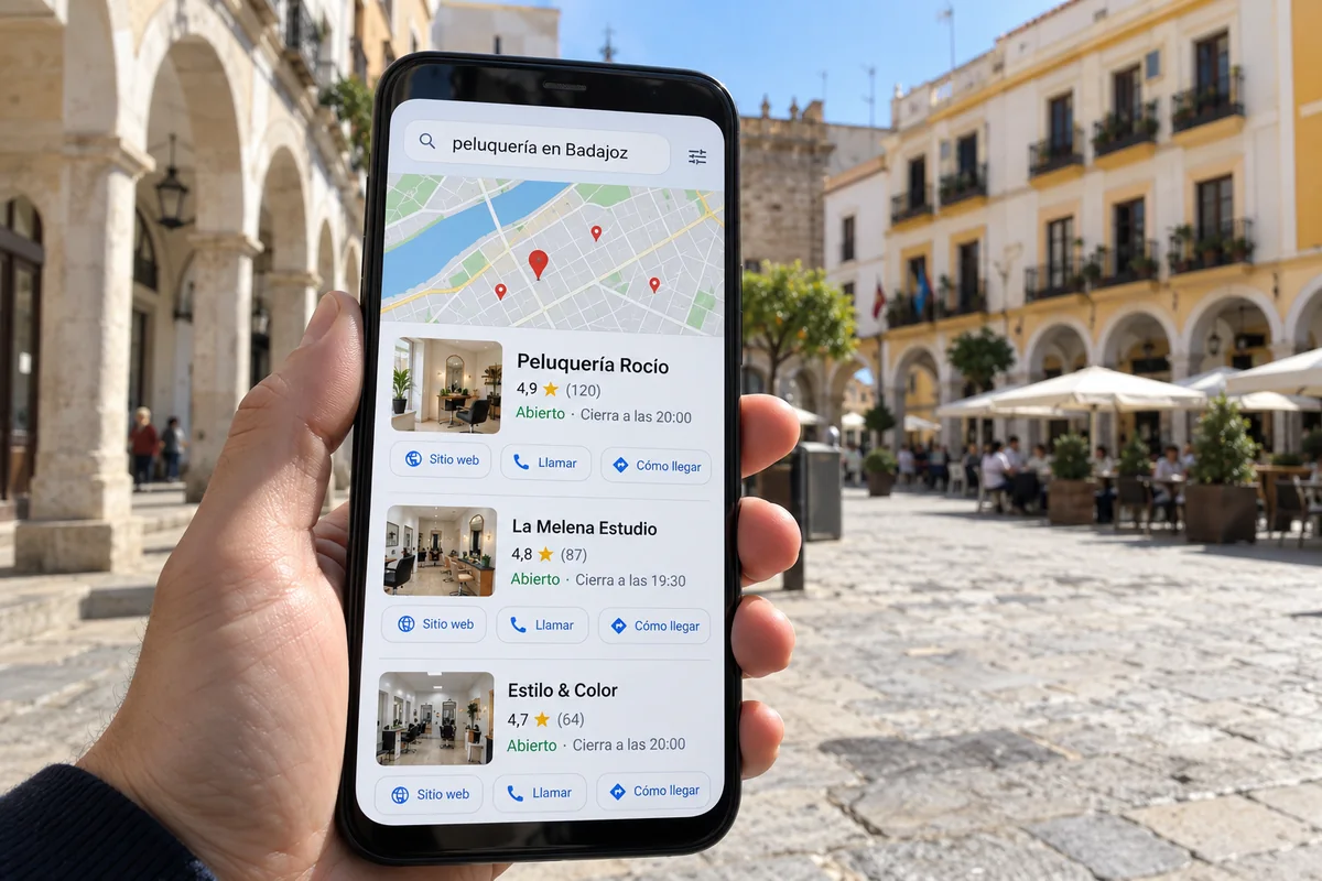 En una calle del casco antiguo de Badajoz, un móvil busca «peluquería en Badajoz» y la peluquería sale la primera con sus estrellas