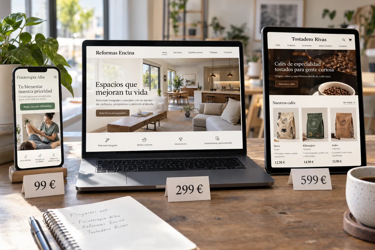 Tres webs de ejemplo en un móvil, un portátil y una tablet, con sus precios: 99 €, 299 € y 599 €
