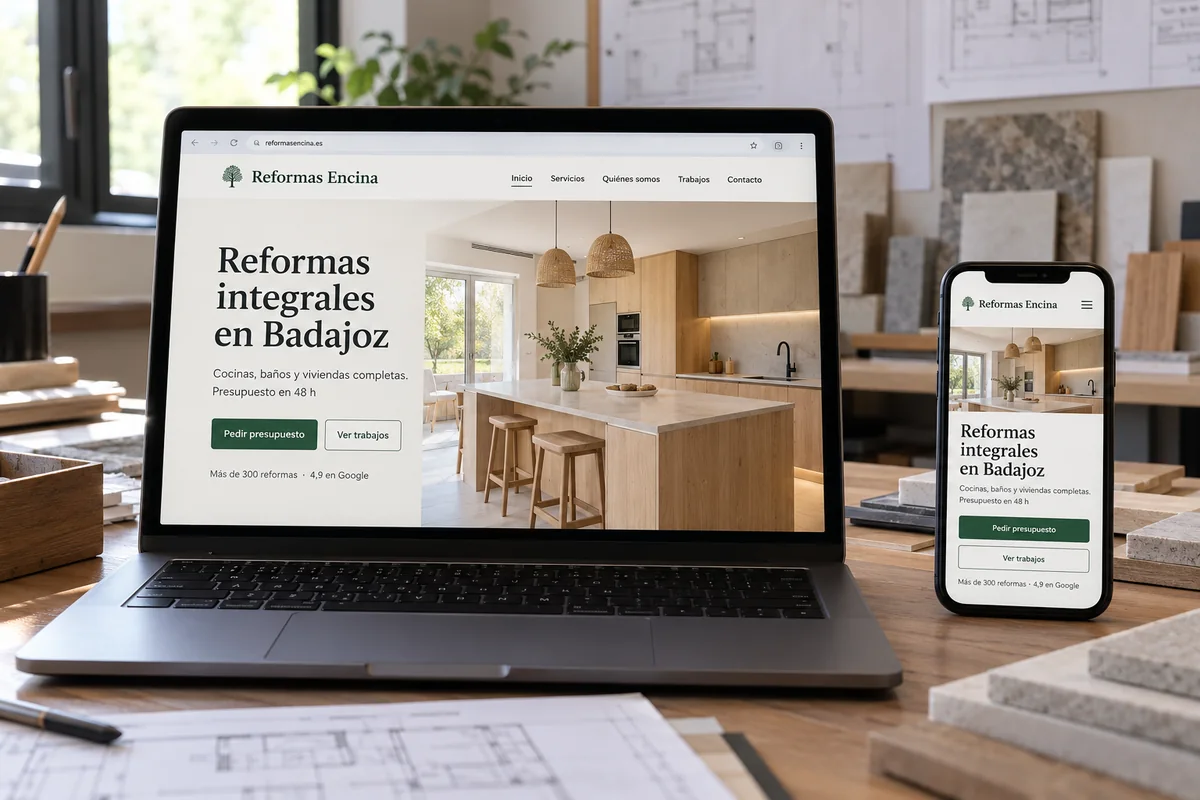 Web de una empresa de reformas en el portátil y en el móvil, con su menú de cinco páginas y el botón de pedir presupuesto