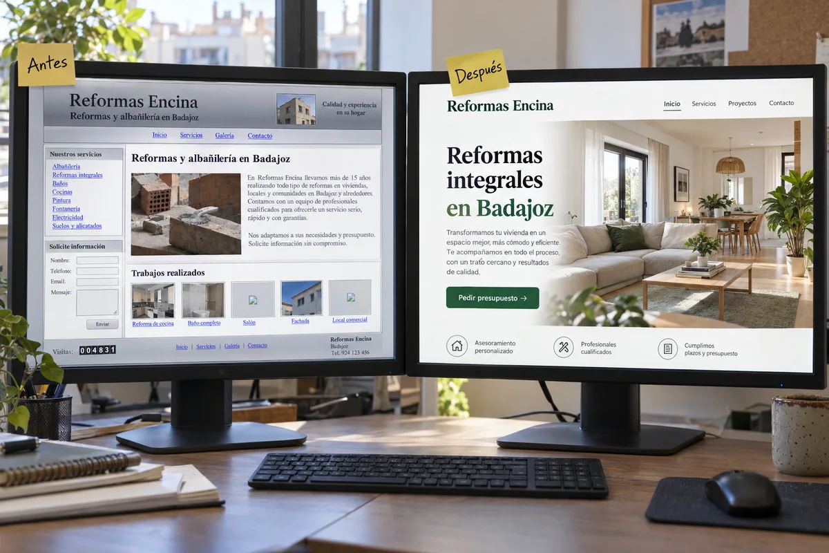 Antes y después: una web antigua y recargada al lado de la misma empresa con una web moderna y limpia