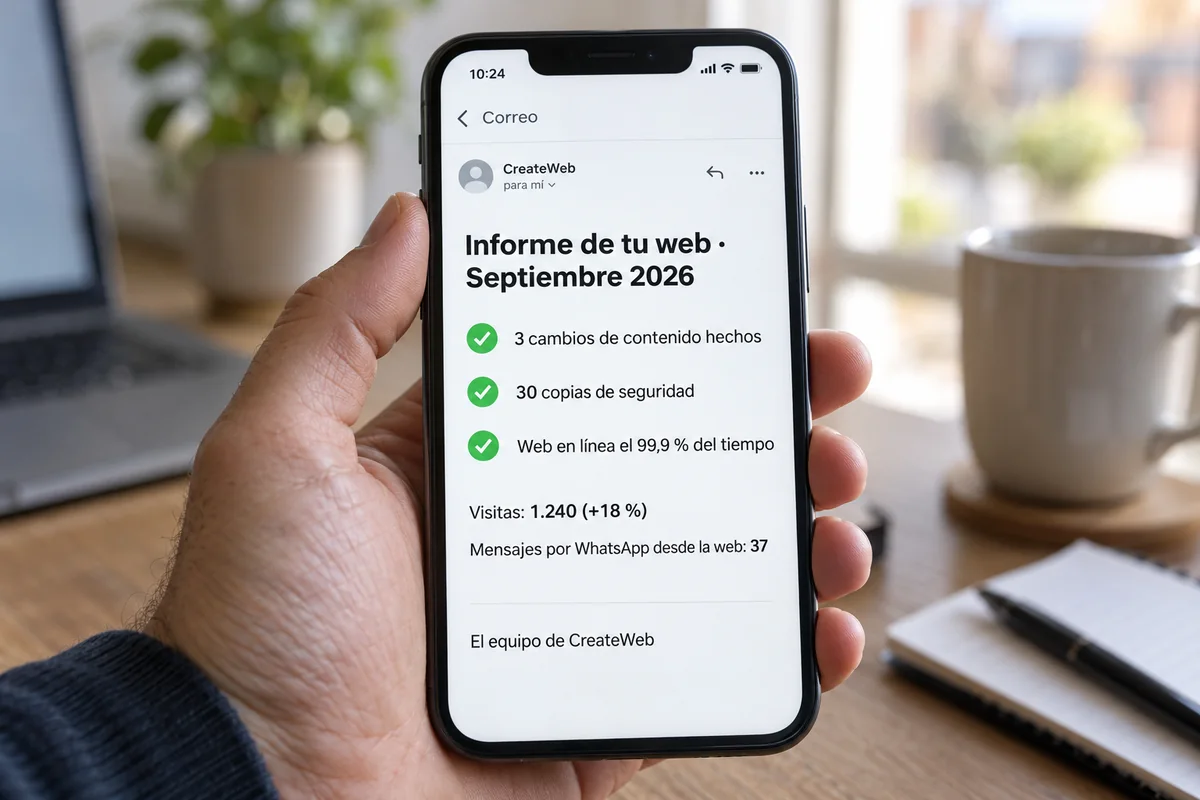 Informe mensual de una web en el móvil: cambios hechos, copias de seguridad, visitas y mensajes por WhatsApp