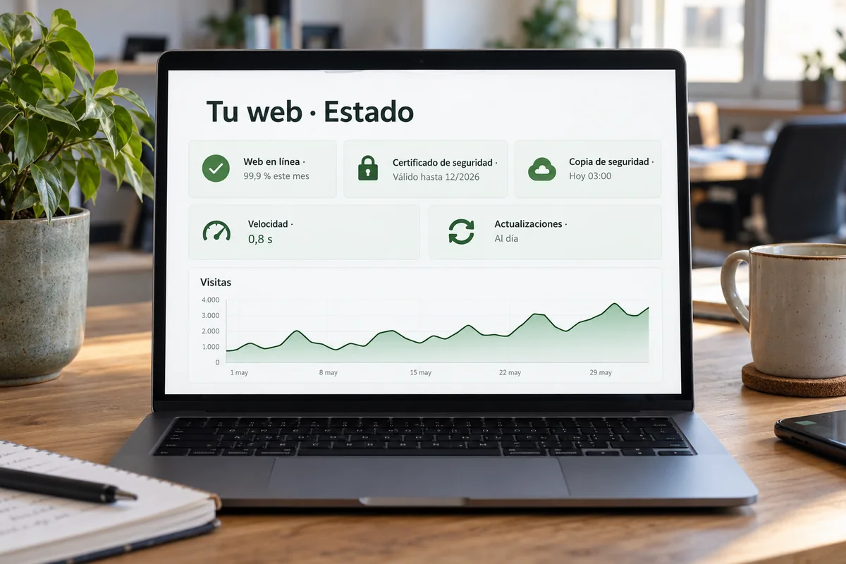 Panel del estado de una web: en línea, certificado válido, copia de seguridad de hoy, velocidad y actualizaciones al día