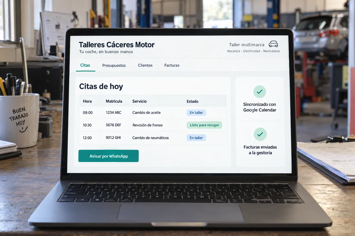 Panel a medida de un taller: citas, presupuestos, clientes y facturas, con aviso por WhatsApp y calendario sincronizado