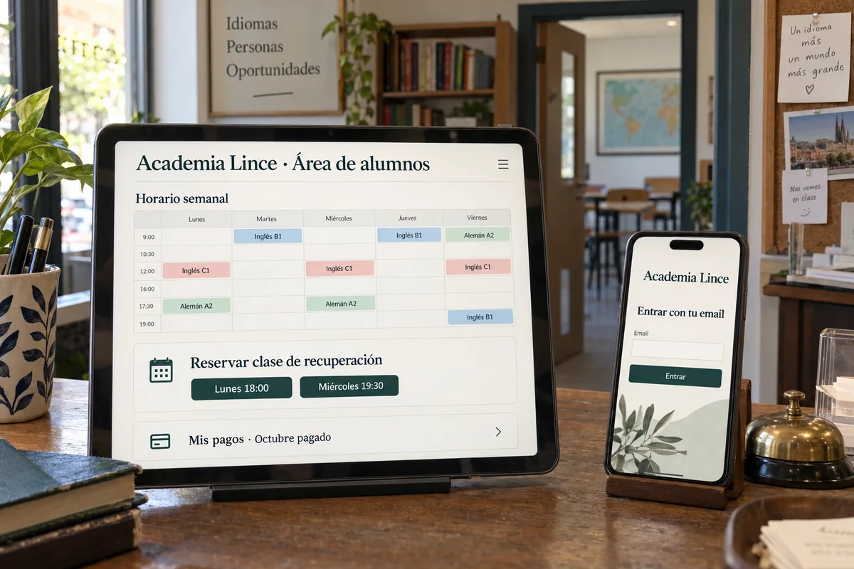 Área de alumnos de una academia en la tablet: horario de clases, reserva de clases de recuperación y pagos