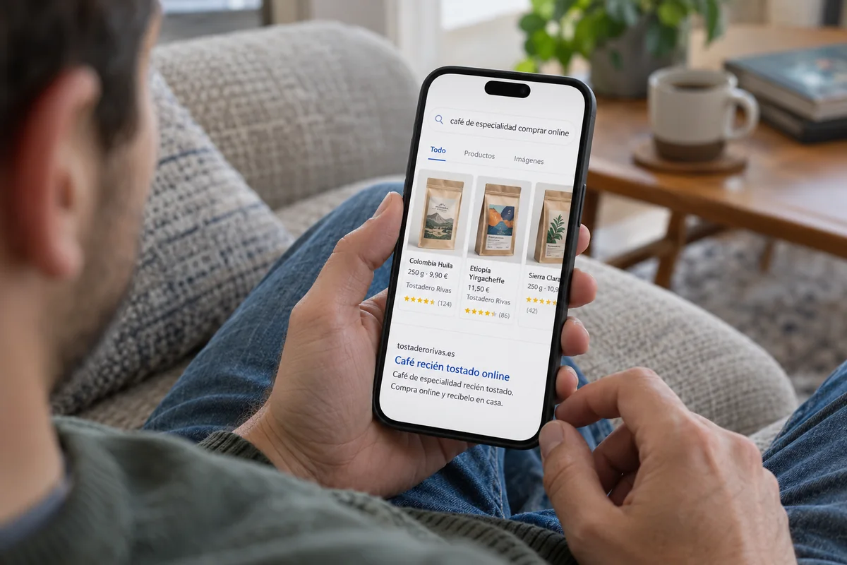 Búsqueda de «café de especialidad comprar online» en el móvil, con los productos de la tienda entre los primeros resultados