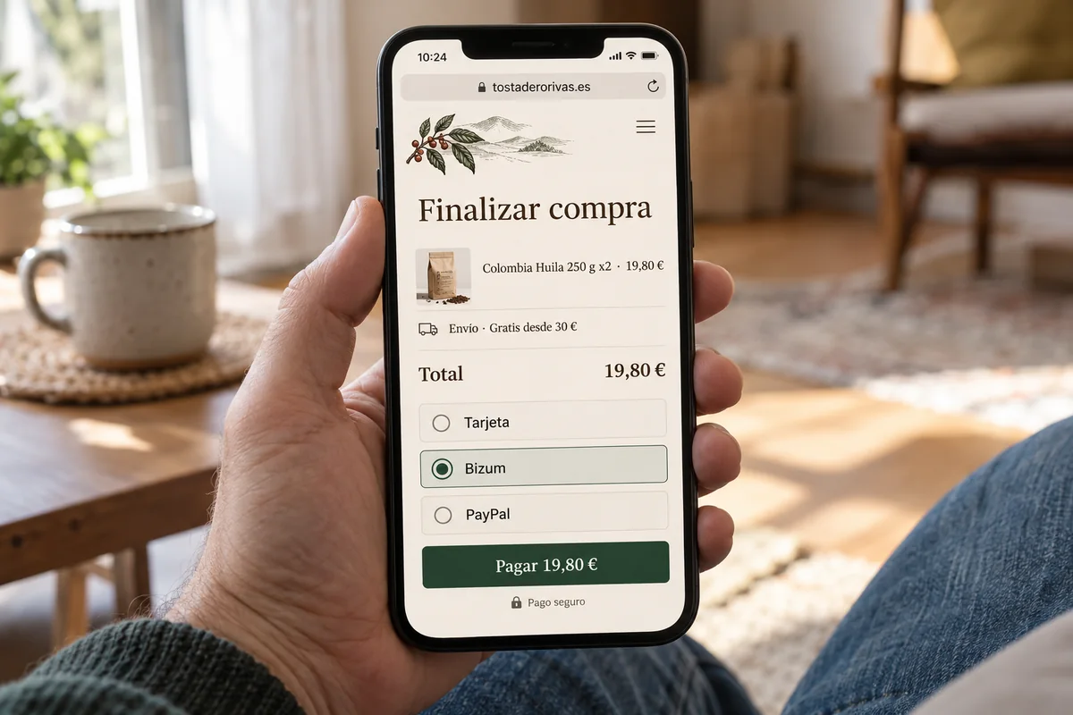 Pantalla de pago en el móvil con el resumen del pedido, envío gratis y las opciones tarjeta, Bizum y PayPal
