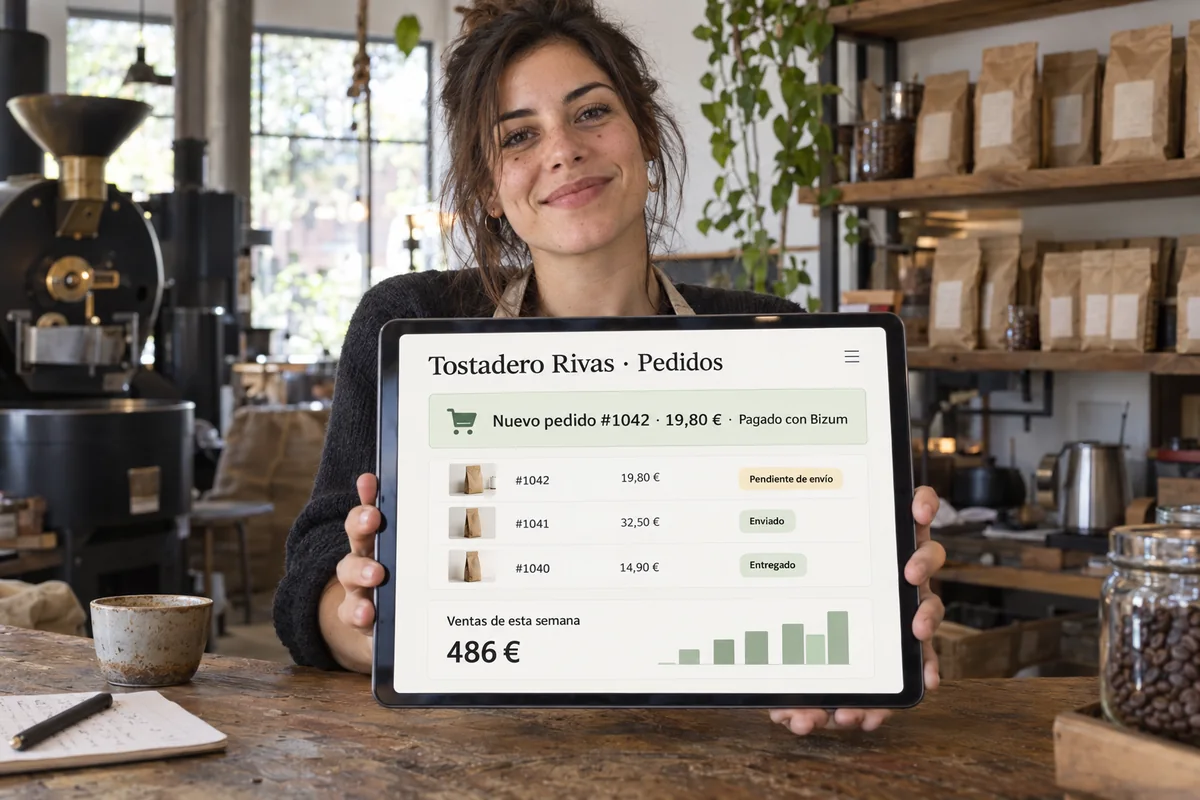 La dueña del tostadero mira en la tablet el panel de pedidos: nuevo pedido pagado con Bizum y las ventas de la semana