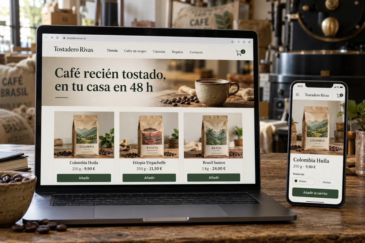 Tienda online de un tostadero de café en el portátil y en el móvil, con sus productos, precios y el botón de añadir al carrito